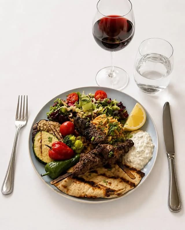 Souvlaki-bord met gegrilde groenten en een glas rode wijn
