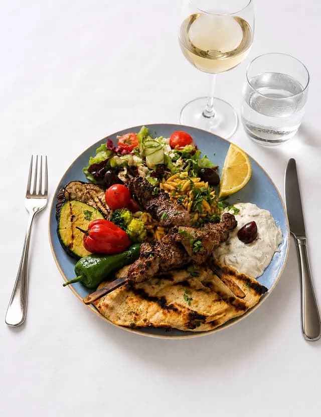 Souvlaki-spies op gegrild pitabrood met tzatziki, gegrilde groenten en een glas witte wijn