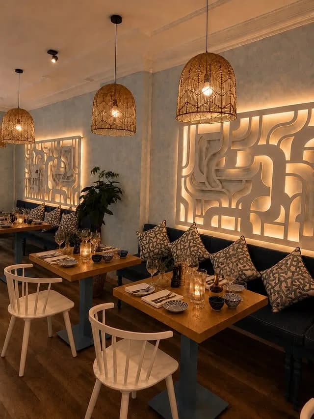 Eethoek met rotan hanglampen, verlichte wandpanelen en gedekte houten tafels