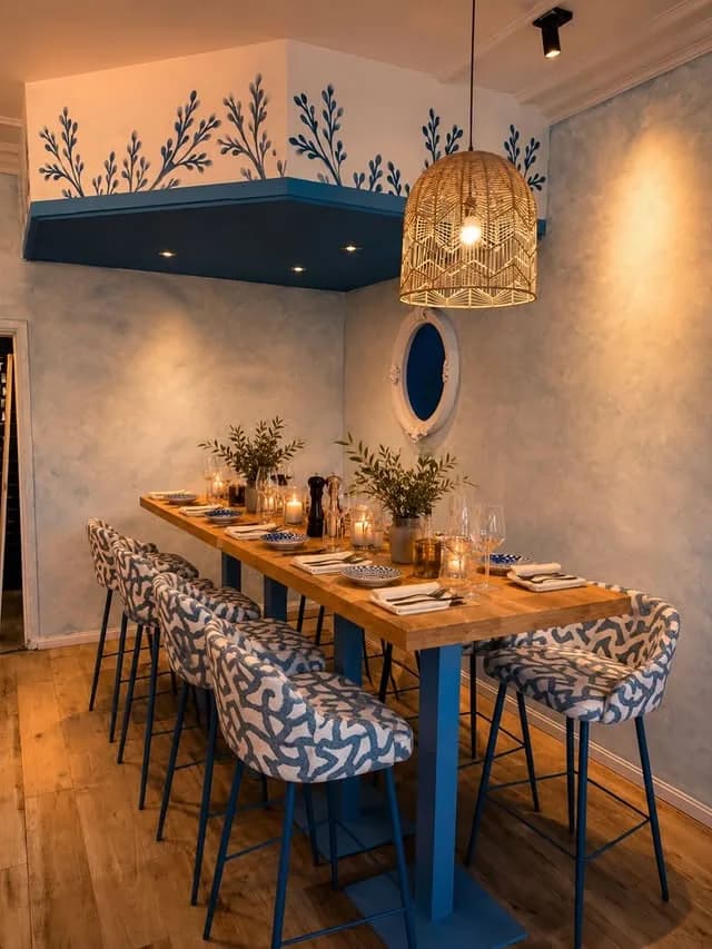 Hoge houten tafel met blauw-witte patroonkrukken en botanische muurschildering in het interieur van MÉDUSA