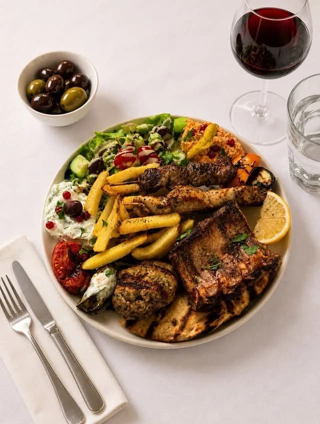 Gemengde houtskoolgrill met lamsribbetjes, bifteki, frieten, tzatziki en olijven