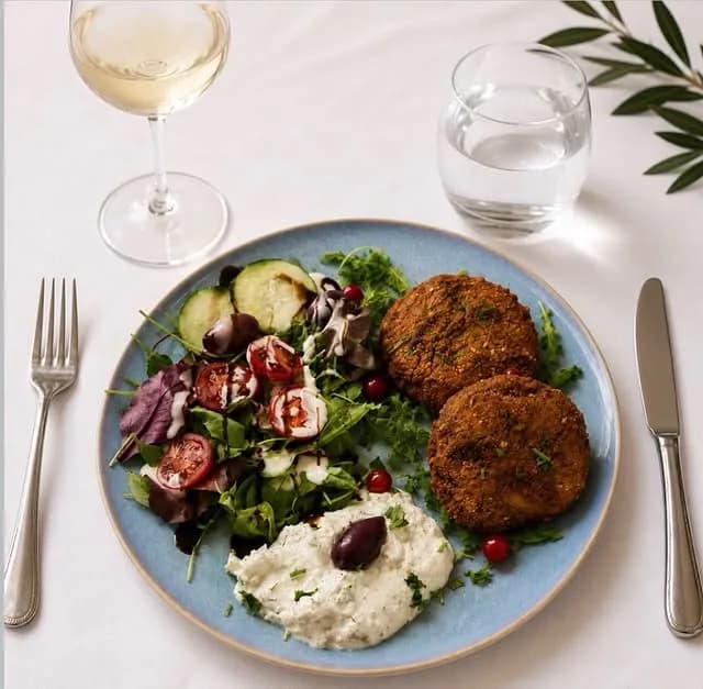 Twee vegetarische burgers met salade en tzatziki op een blauw bord